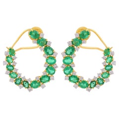 6.7ct Natural Emerald 1.15ct Diamond Scalloped 18k Gold Hoop Earrings Jewelry