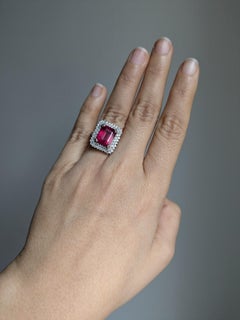 6.7ct Statement Ruby Ring w Natural Diamond Halo in 14K White Gold  EM 11x9mm