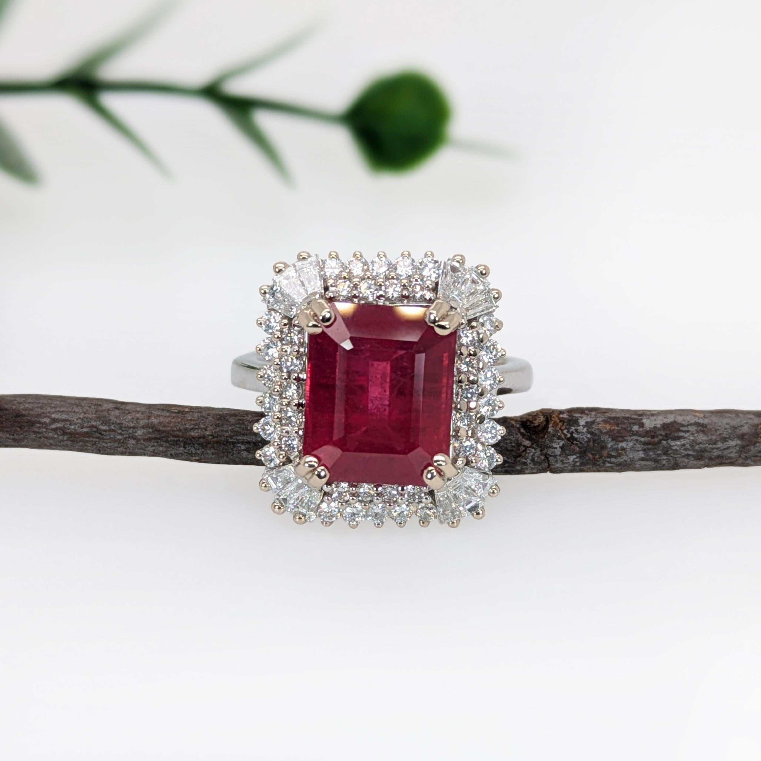 Art Deco 6.7ct Statement Ruby Ring w Natural Diamond Halo in 14K White Gold  EM 11x9mm For Sale