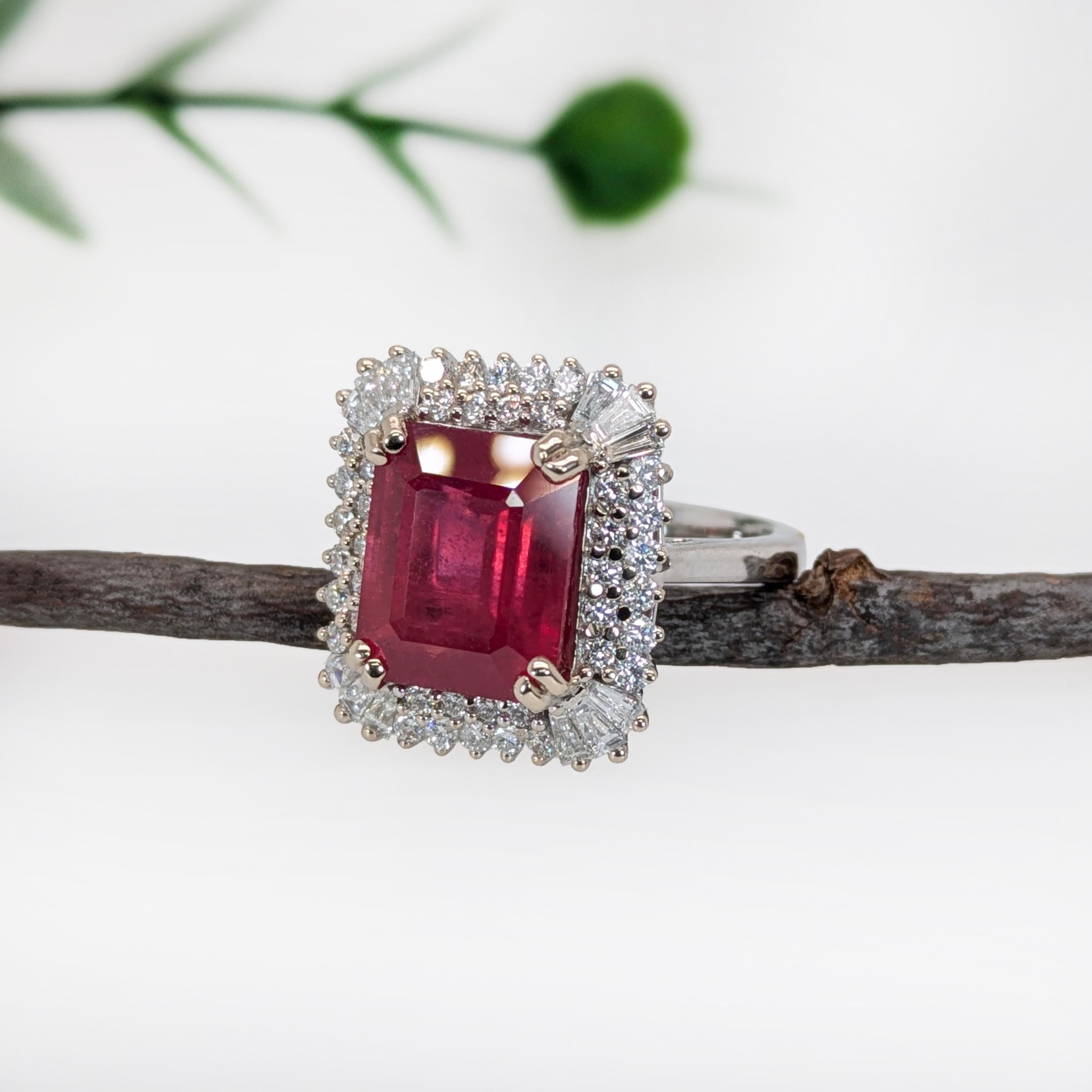 Emerald Cut 6.7ct Statement Ruby Ring w Natural Diamond Halo in 14K White Gold  EM 11x9mm For Sale
