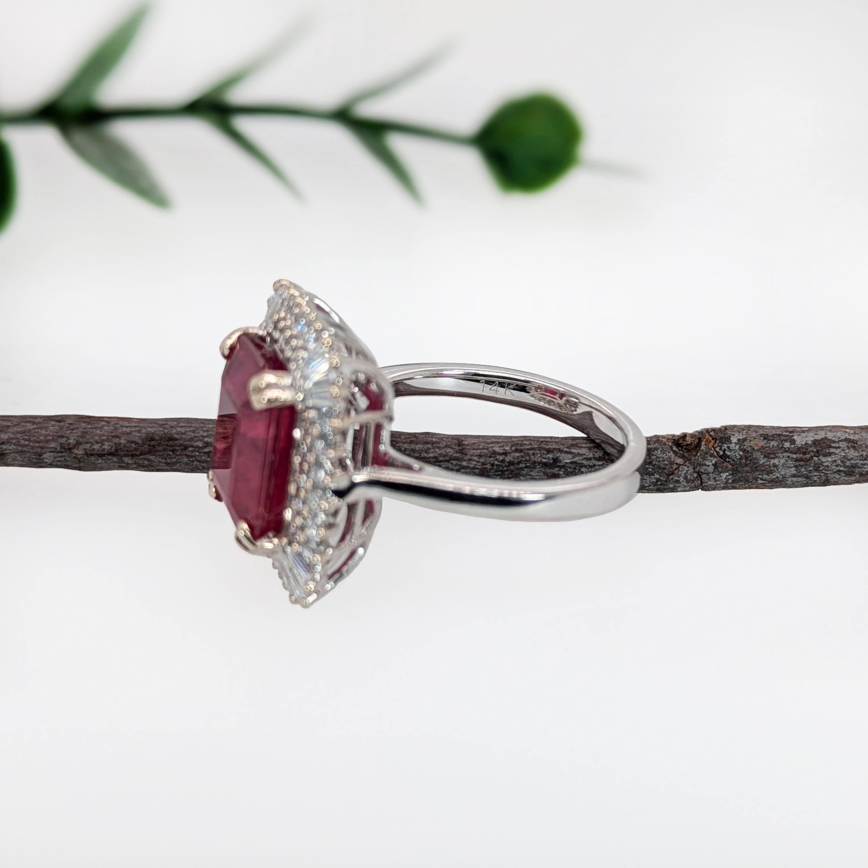 6.7ct Statement Ruby Ring w Natural Diamond Halo in 14K White Gold  EM 11x9mm In New Condition For Sale In Columbus, OH