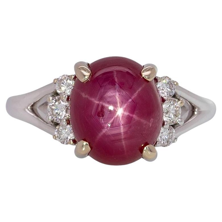 6.7cts Star Ruby Ring with Natural Diamond Accents: Solid 14k Gold, Oval 10x8mm