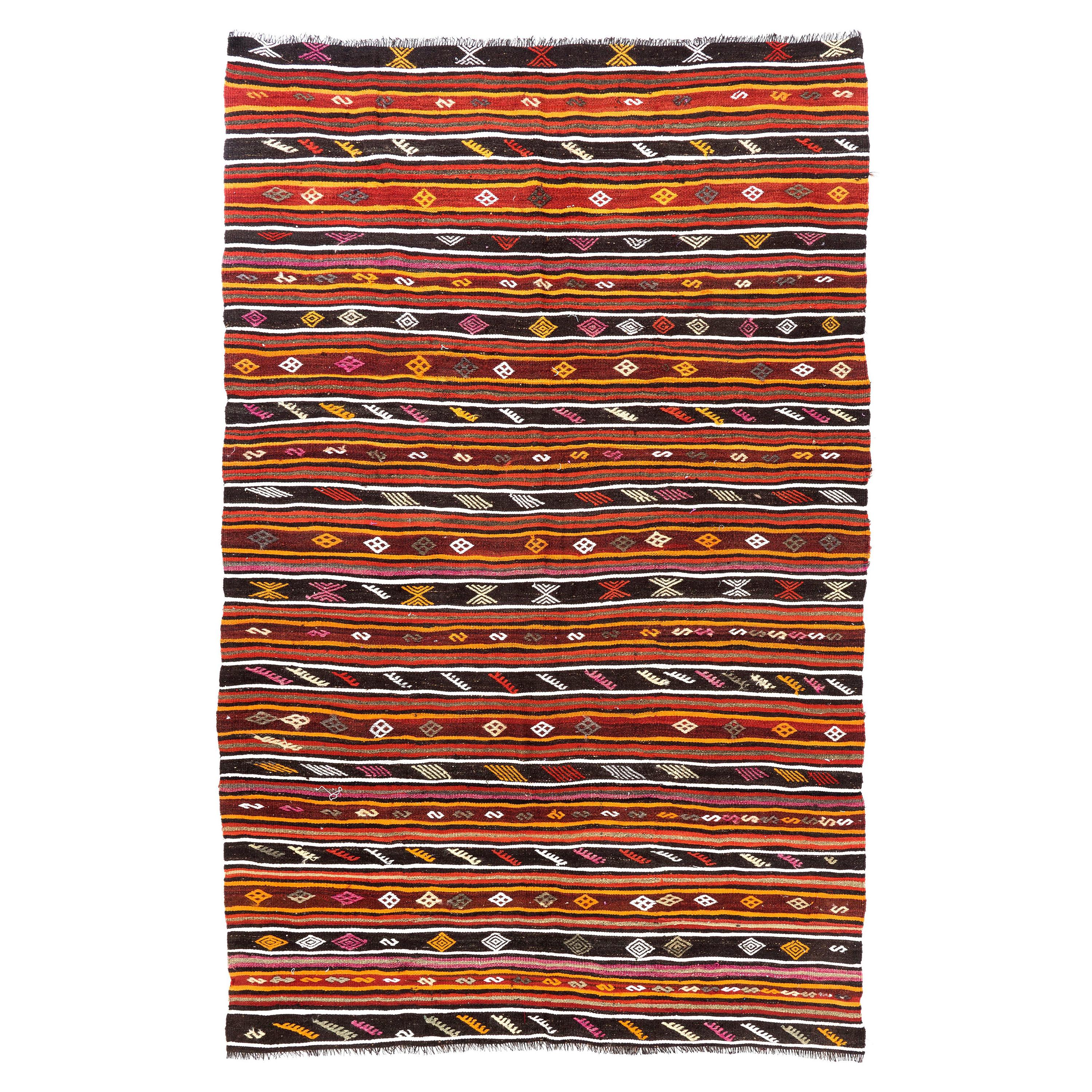 6.7x10 Ft Vintage Striped Kilim, Double Sided Flat-Weave Rug, Anatolian Carpet