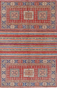 6.7x10 ft Hand Knotted Tribal Red and Blue Area Rug, Geometric Striped Design