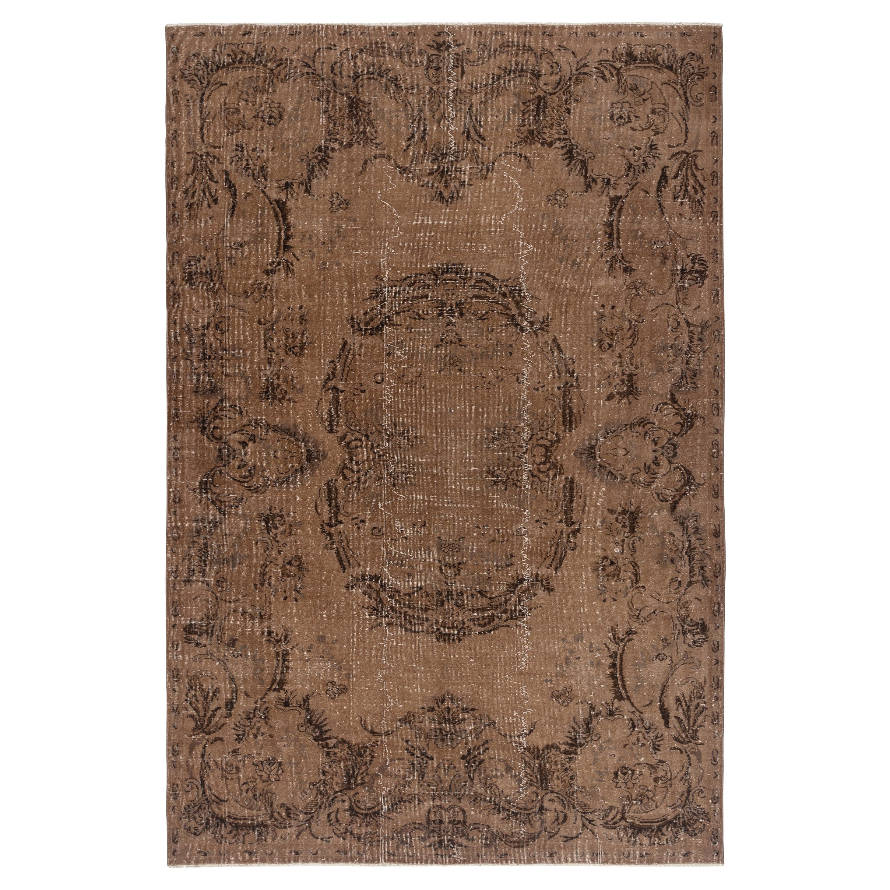 6.7x10 Ft Handgefertigter Türkischer Teppich. Brauner überfärbter Vintage-Teppich für modernes Zuhause