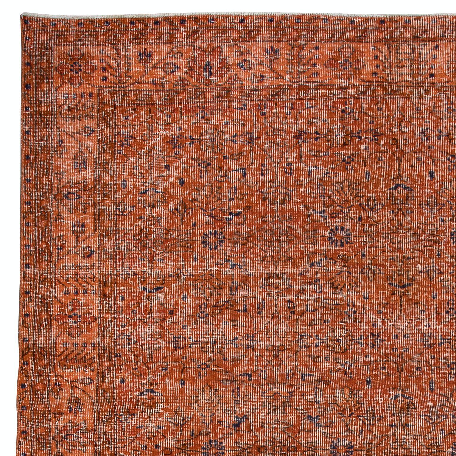 6.7x10 ft Handmade Turkish Orange Rug, Modern Floral Carpet, Bohemian Home Decor In Good Condition For Sale In Philadelphia, PA
