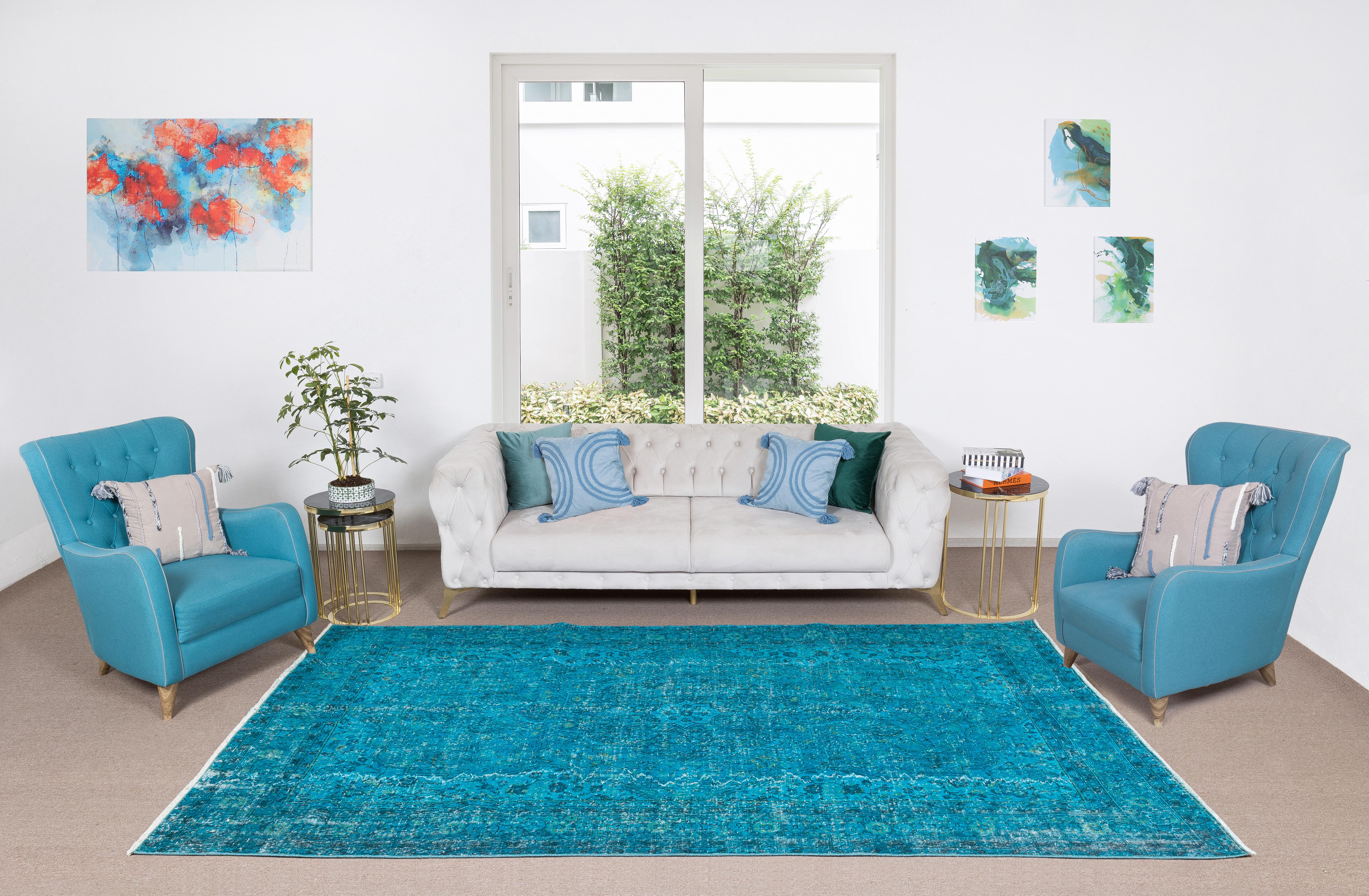 Turkish 6.7x10 Ft Handmade Vintage Anatolian Carpet, Teal Blue Rug for Modern Interiors For Sale