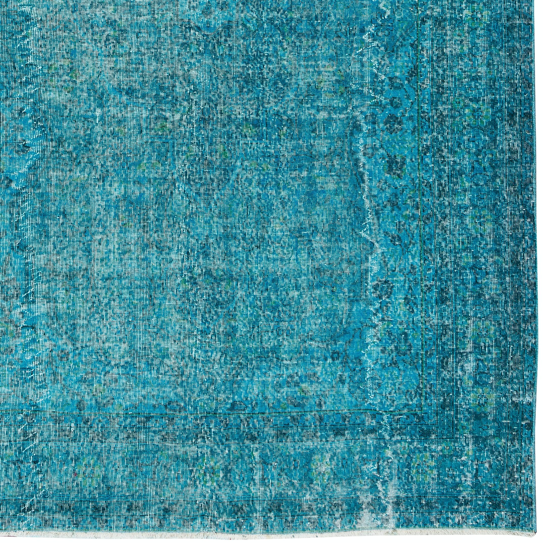 Hand-Knotted 6.7x10 Ft Handmade Vintage Anatolian Carpet, Teal Blue Rug for Modern Interiors For Sale