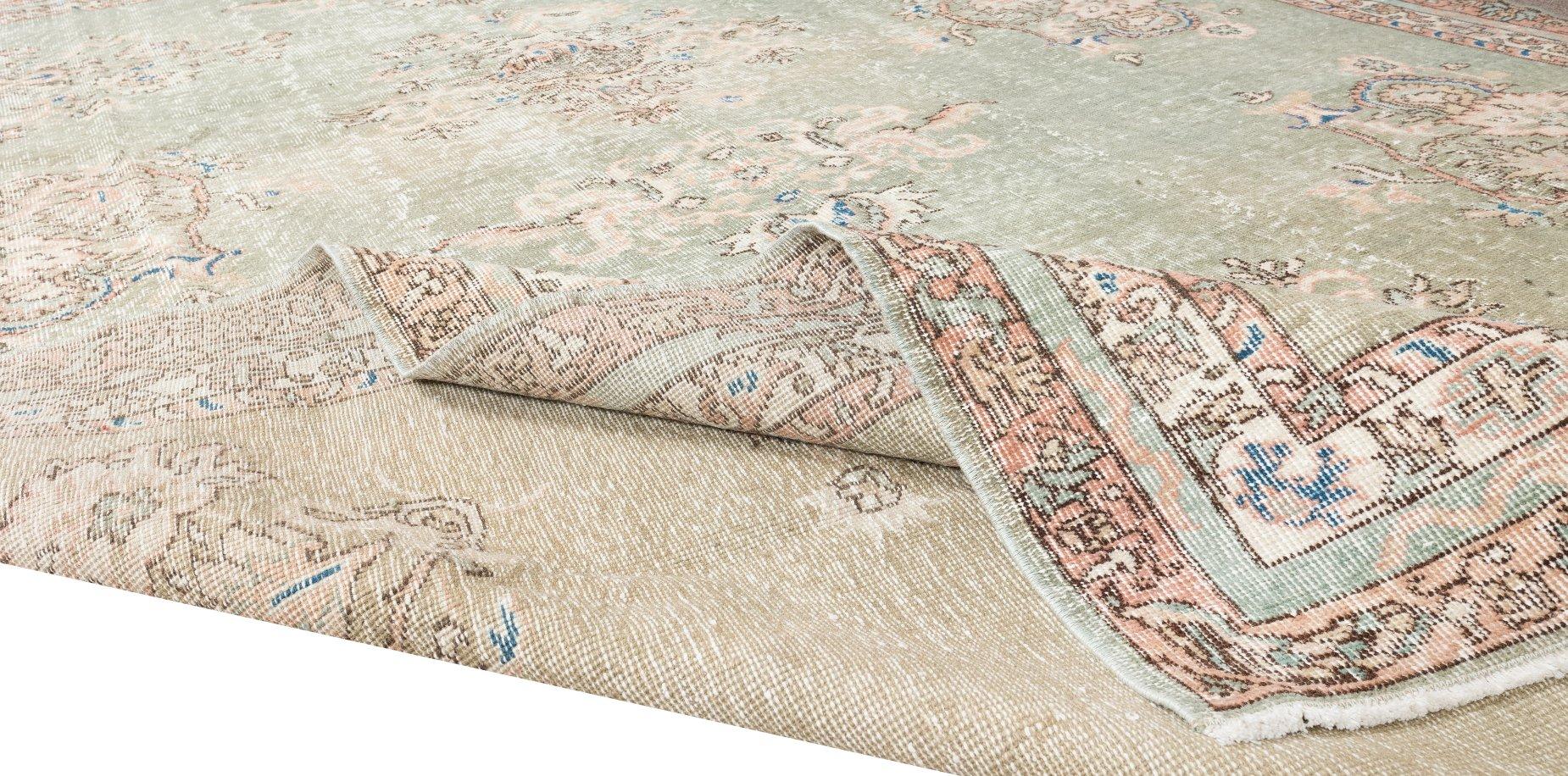 Hand-Woven 6.7x10 Ft Vintage Floral Pattern Handmade Turkish Oushak Rug in Shades of Green
