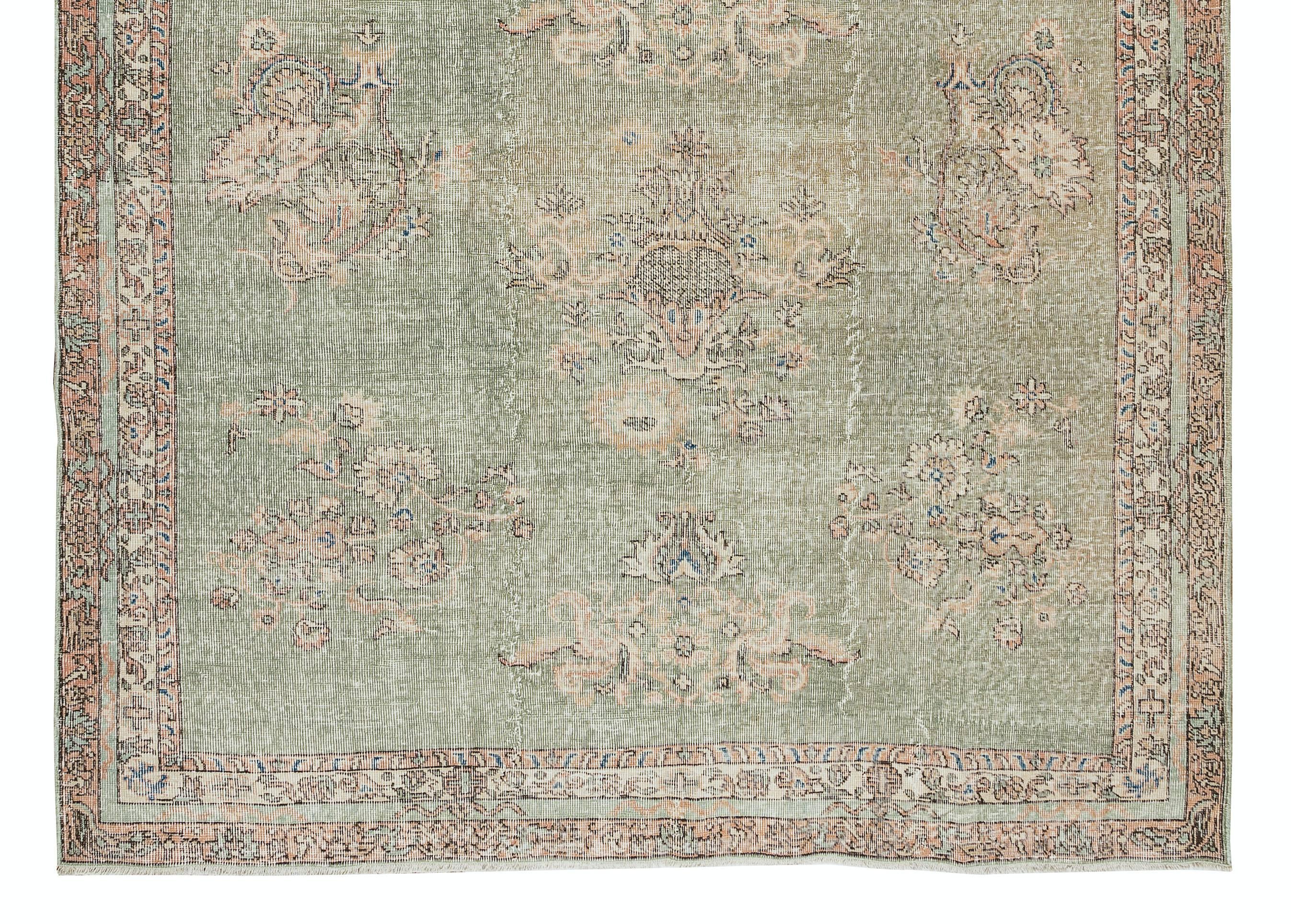 20th Century 6.7x10 Ft Vintage Floral Pattern Handmade Turkish Oushak Rug in Shades of Green