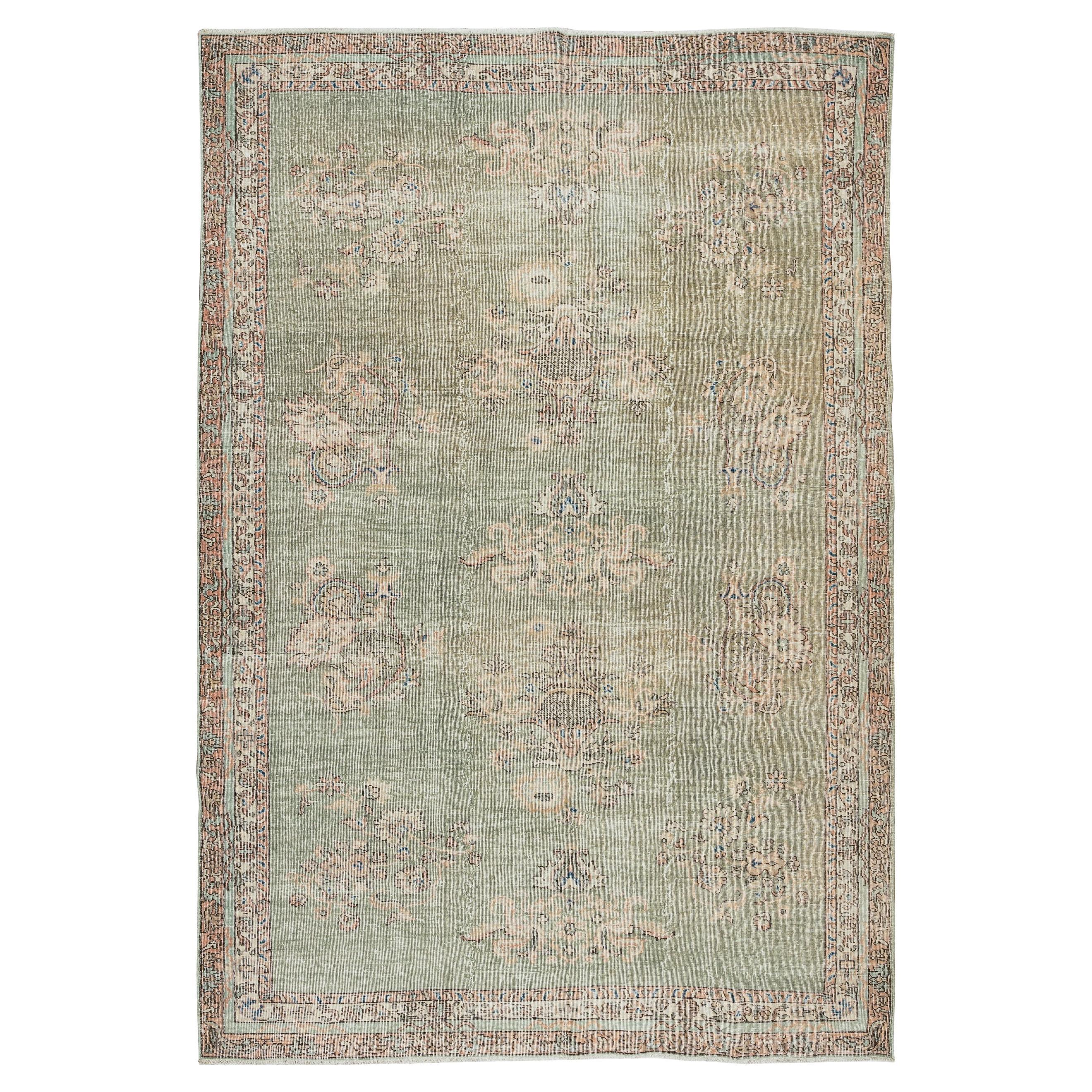 6.7x10 Ft Vintage Floral Pattern Handmade Turkish Area Rug in Shades of Green For Sale