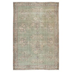 6.7x10 Ft Vintage Floral Pattern Handmade Turkish Oushak Rug in Shades of Green