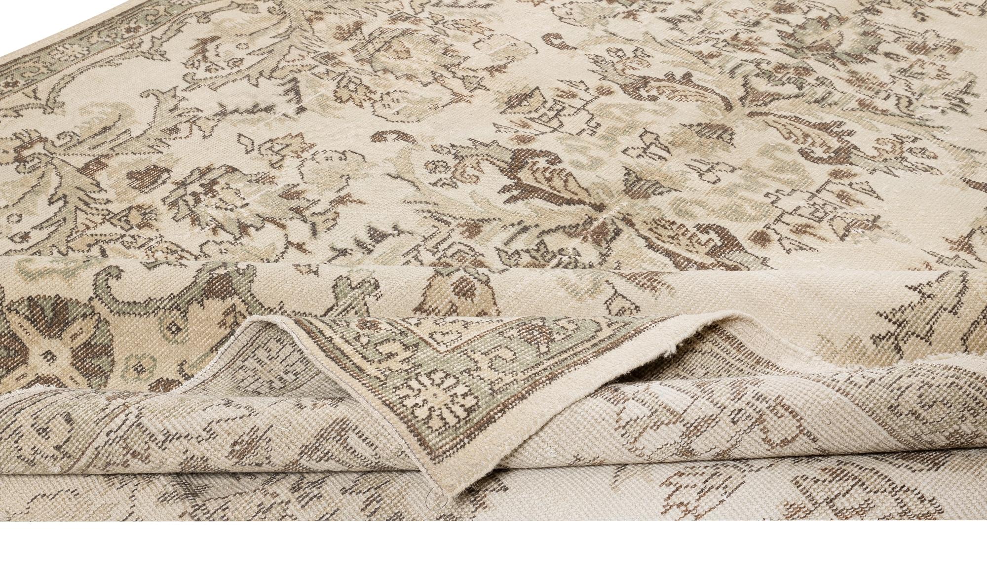 Hand-Woven 6.6x10 Ft Vintage Sun Faded Oushak Rug, Beige Handmade Anatolian Carpet For Sale