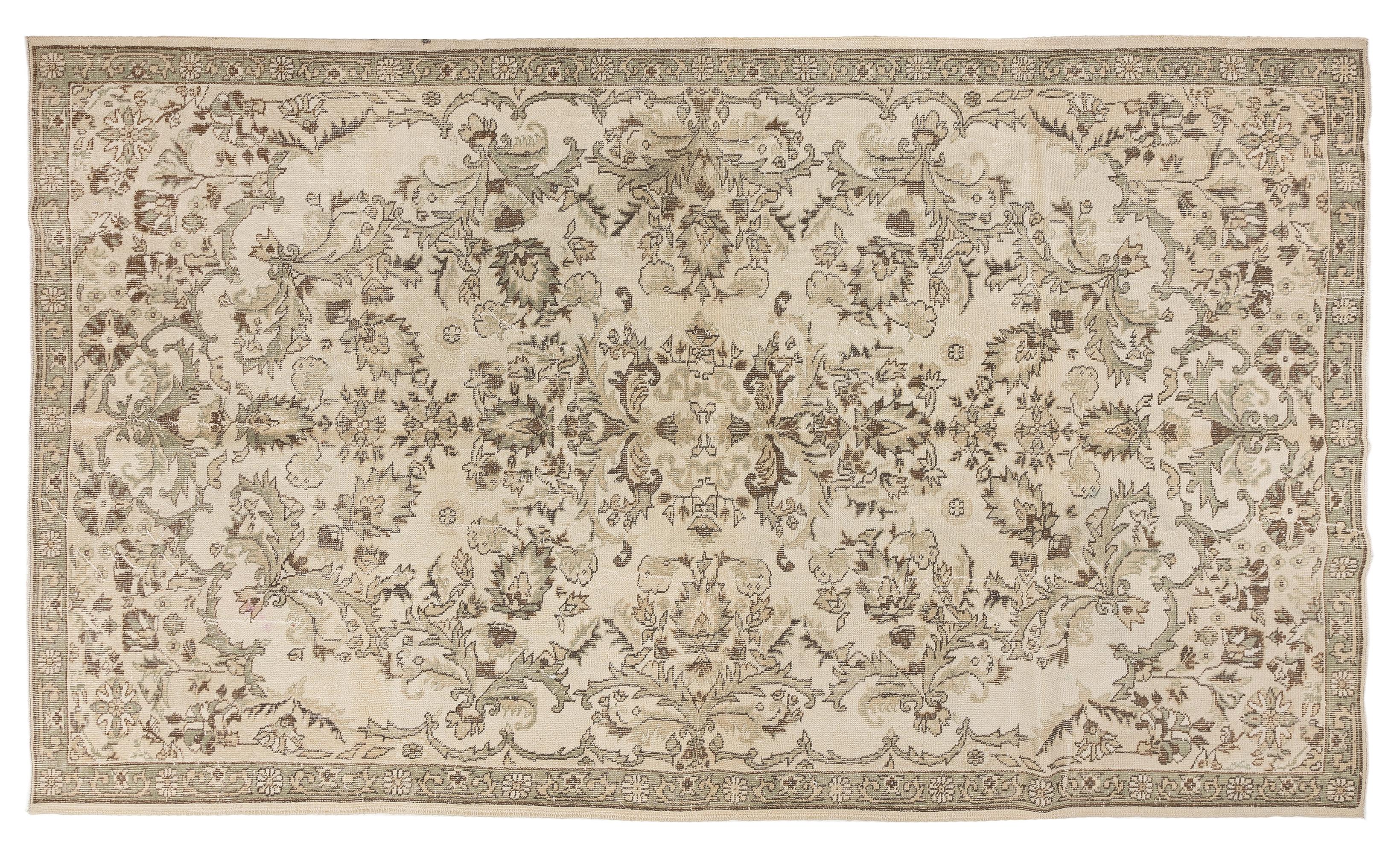 6.6x10 Ft Vintage Sun Faded Oushak Rug, Beige Handmade Anatolian Carpet In Good Condition For Sale In Philadelphia, PA
