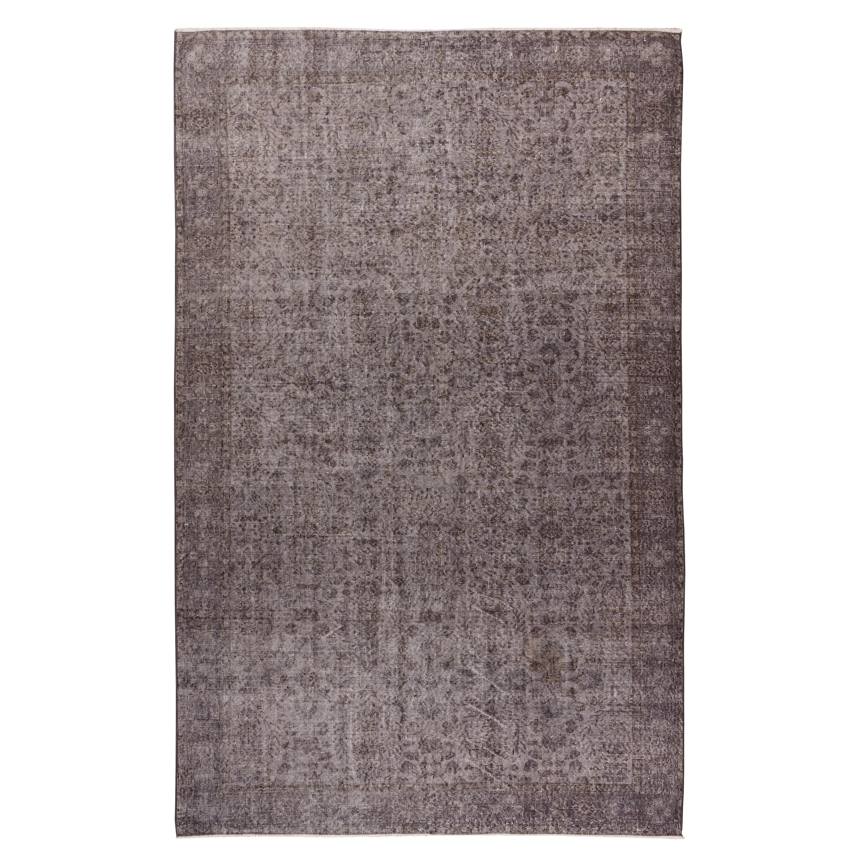 6.7x10.2 Ft Gray Over-Dyed Rug, Vintage Floral Hand-Knotted Turkish Wool Carpet For Sale