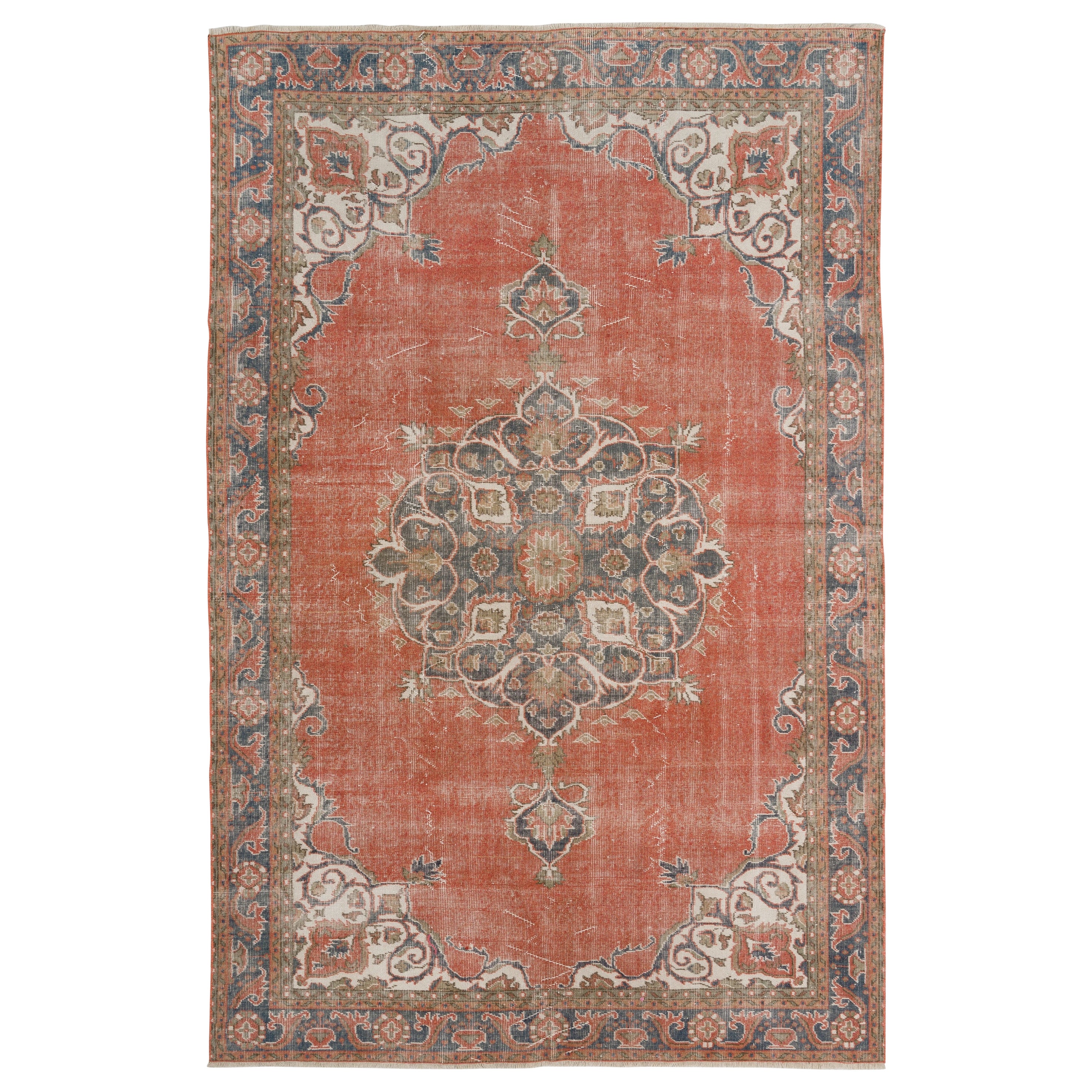 6.7x10.2 Ft handgeknüpfter türkischer Oushak-Teppich im Vintage-Stil mit Blumenmedaillon-Design