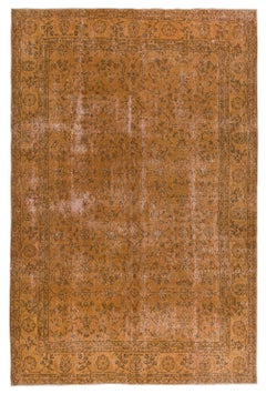 6.7x10.2 ft Vintage Handmade Floral Turkish Wool Area Rug Overdyed in Orange