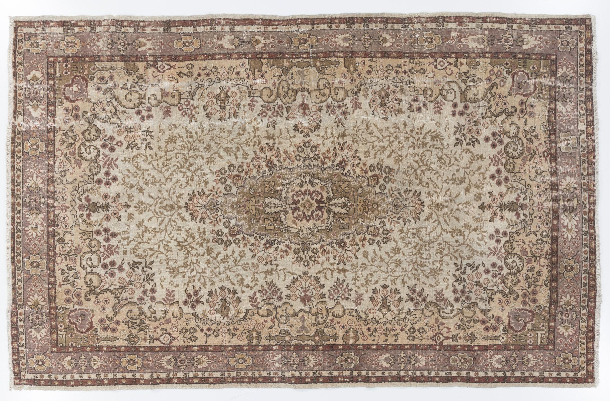 6.7 x 10.4 ft Vintage Oushak Rug Made in Turkey, Ca 1950, Beige Floor Covering In Good Condition For Sale In Philadelphia, PA