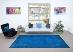 6.7x10.5 Ft Blue Modern Area Rug, Overdyed Carpet, Handmade Living Room Carpet