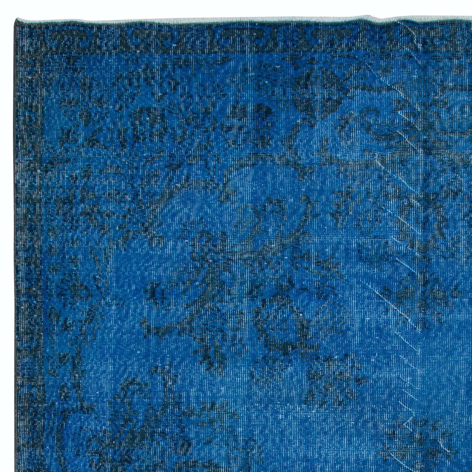 Turkish 6.7x10.5 Ft Blue Modern Area Rug, Overdyed Carpet, Handmade Living Room Carpet For Sale