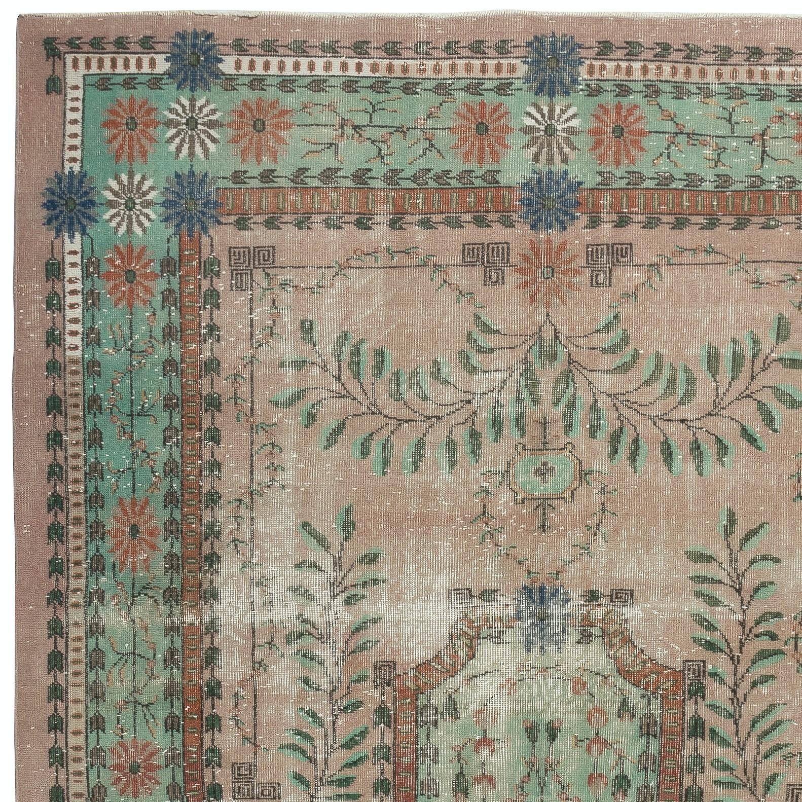 Turkish 6.7x10.5 Ft Hand knotted Rug in Pink and Green. One of a kind Vintage Carpet For Sale