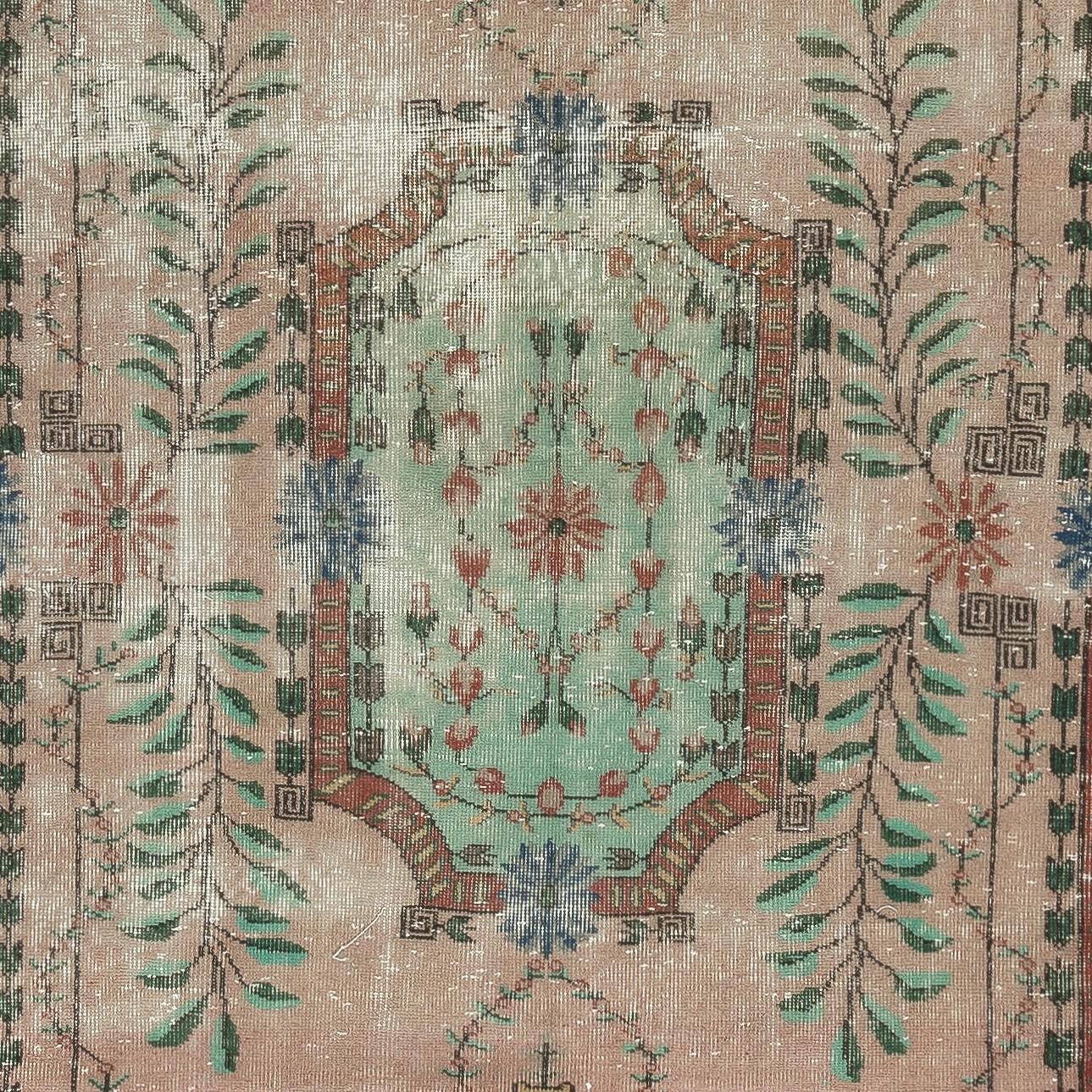 Hand-Knotted 6.7x10.5 Ft Hand knotted Rug in Pink and Green. One of a kind Vintage Carpet For Sale