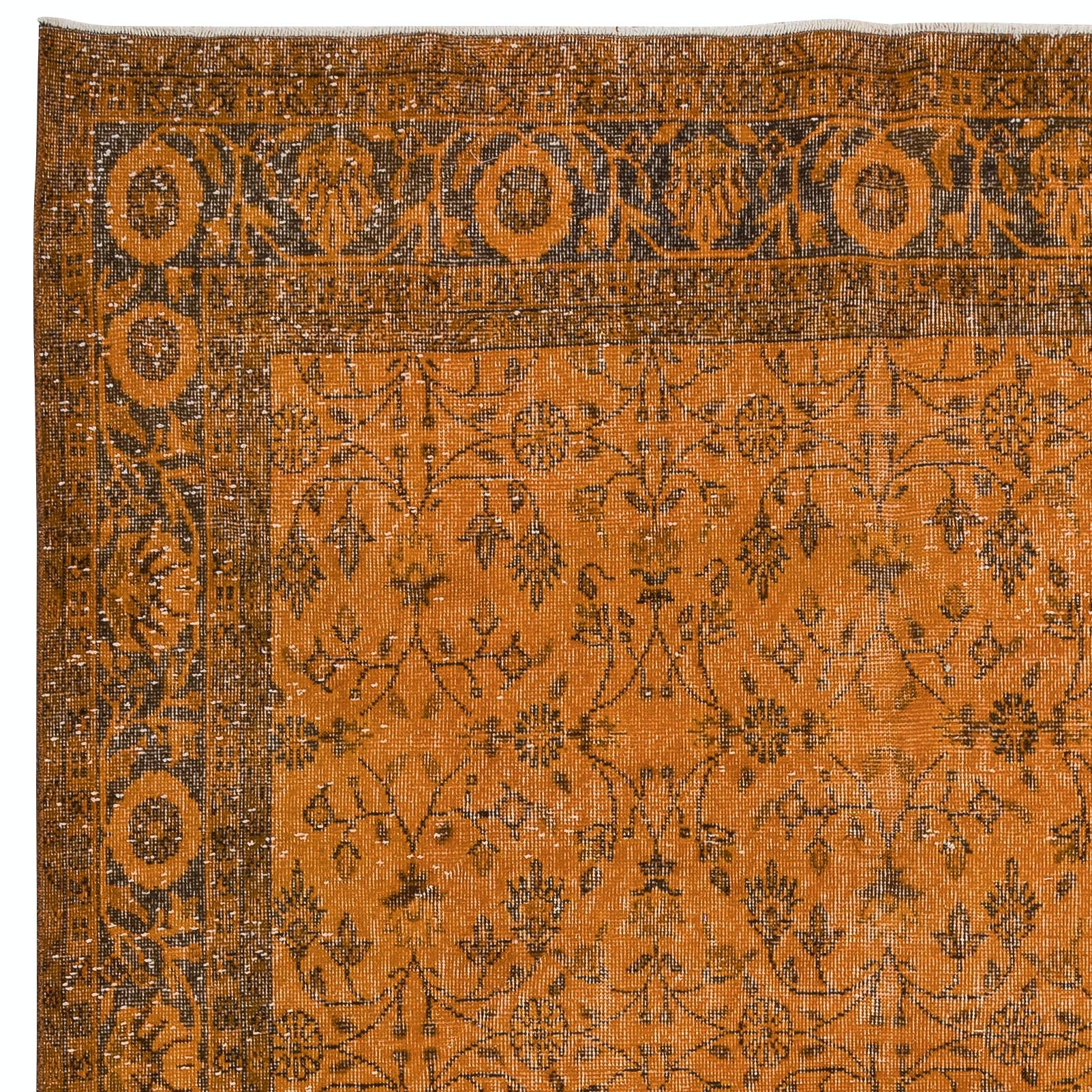 Modern 6.7x10.5 Ft Handmade Rug with All-Over Botanical Design, Orange Turkish Carpet For Sale