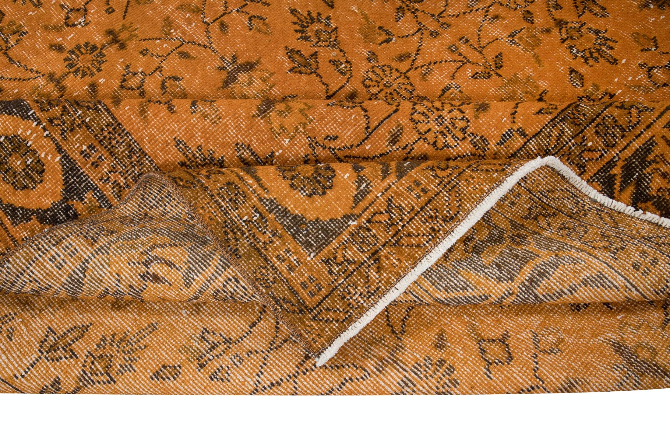 6.7x10.5 Ft Handmade Rug with All-Over Botanical Design, Orange Turkish Carpet In Good Condition For Sale In Spring Valley, NY