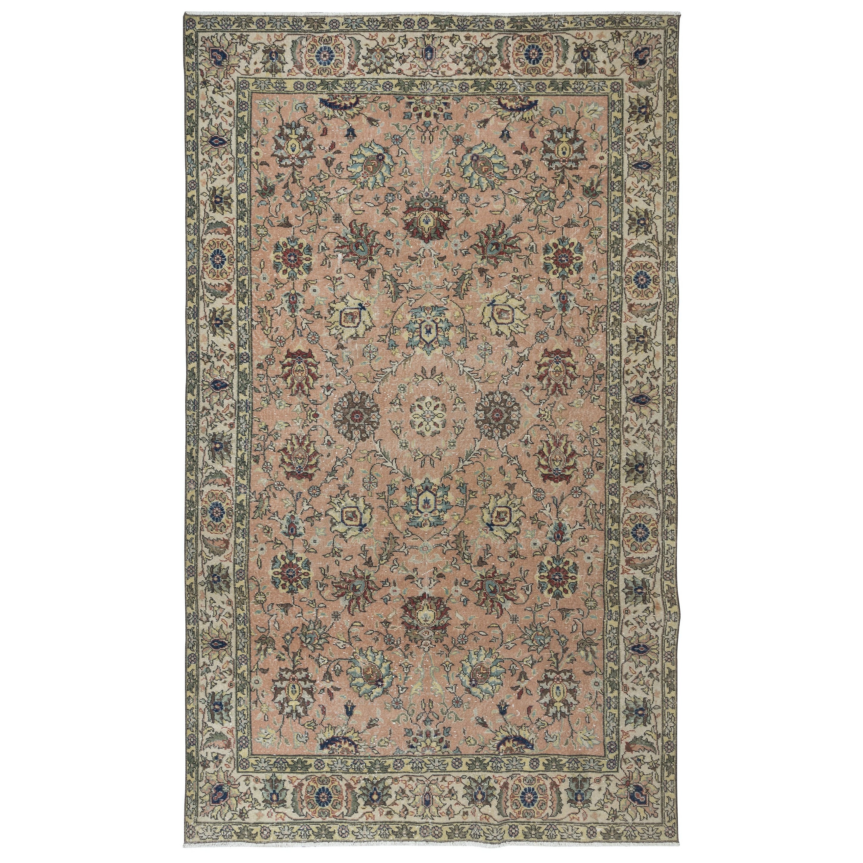 Tappeto vintage fatto a mano con design botanico romantico in rosso e beige