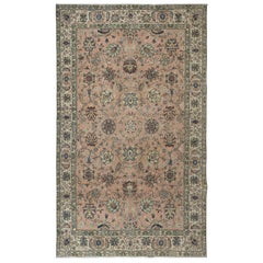 Tappeto vintage fatto a mano con design botanico romantico in rosso e beige