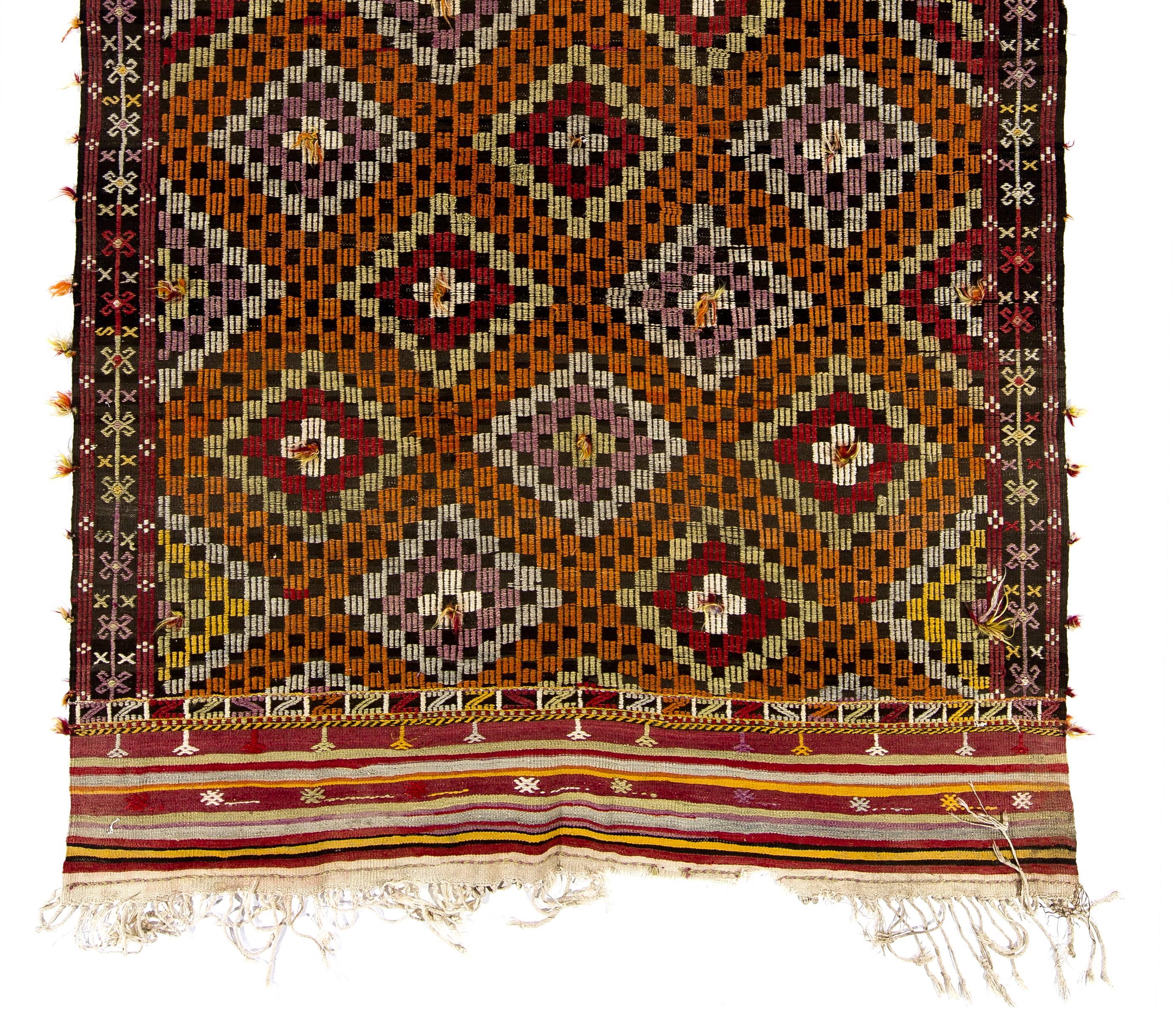 Turkish 6.7x11 Ft Vintage Anatolian Jijim Kilim Rug, One of a Kind Hand-Woven Carpet For Sale