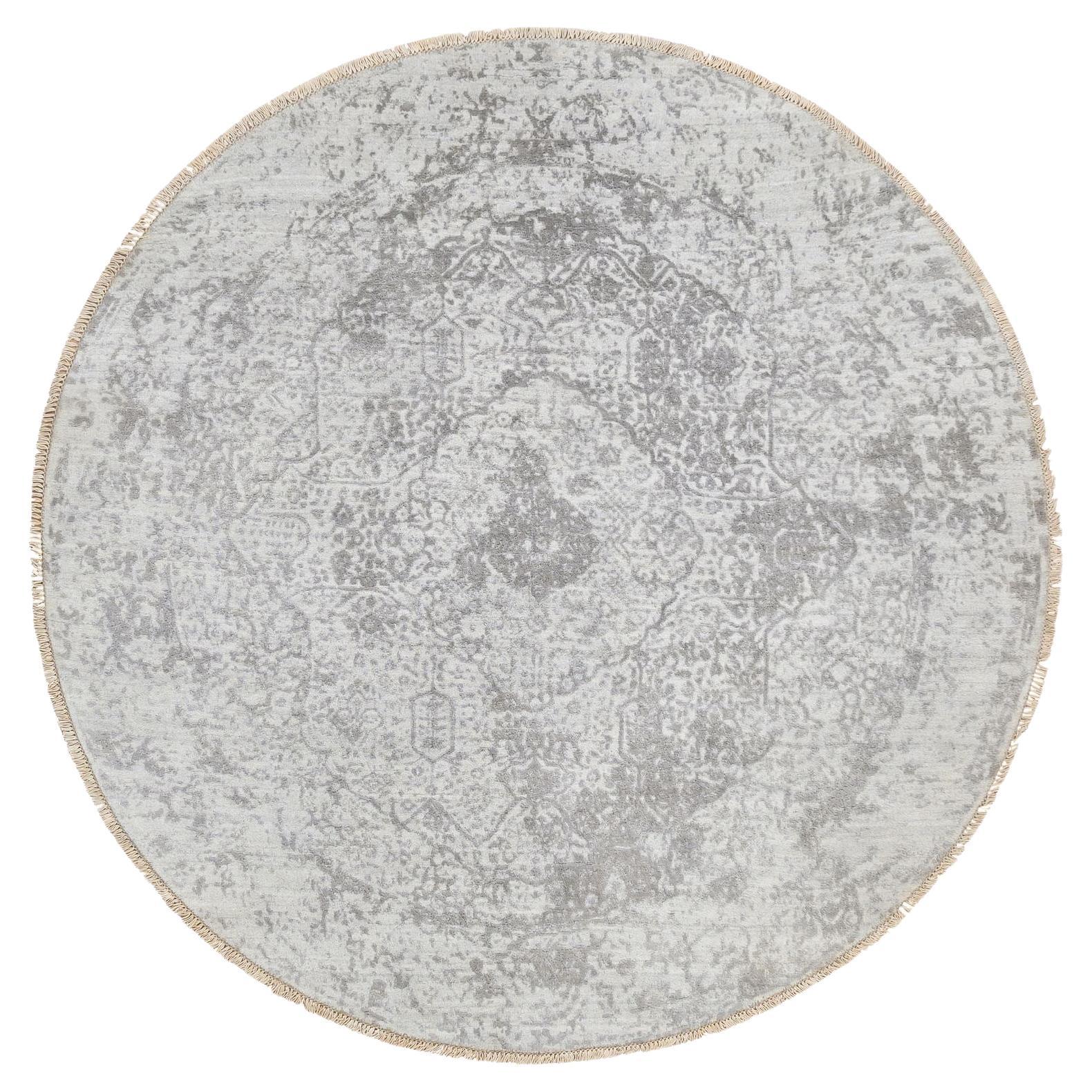 6'7 "x6'7" Gris Tapis rond en laine et soie pure, noué à la main, au design persan brisé