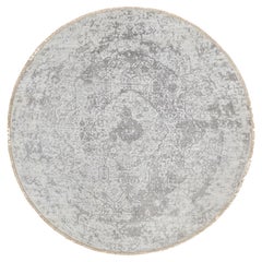6'7 "x6'7" Gris Tapis rond en laine et soie pure, noué à la main, au design persan brisé