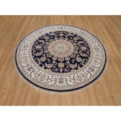 6'7"x6'7" Midnight Blue Nain 250 KPSI Hand Knotted Soft Wool & Silk Round Rug