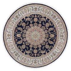 6'7"x6'7" Midnight Blue Nain 250 KPSI Hand Knotted Soft Wool & Silk Round Rug