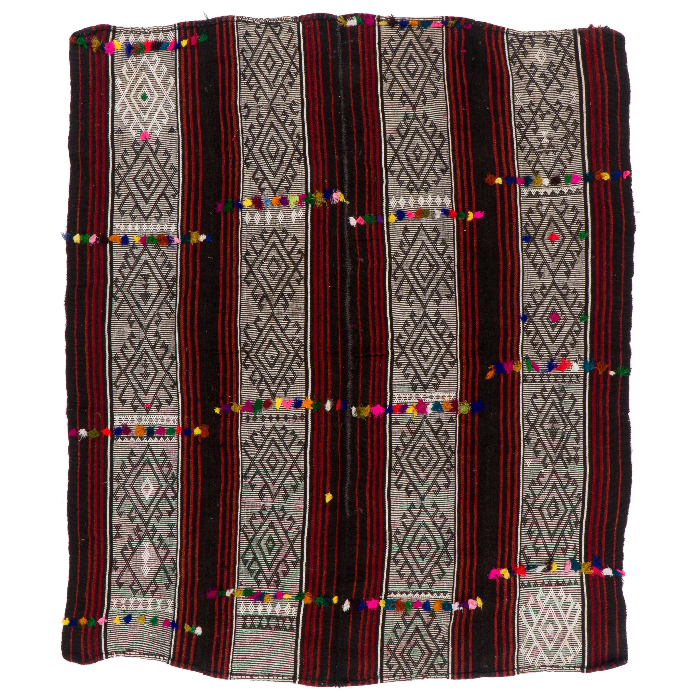 6.7x8 Ft Vintage Handgefertigter „Boho Chic“ Türkischer Flachgewebe mit bunten Pom Poms im Angebot