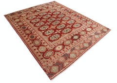 6.7x8.2 ft Handknotted Red, Ivory Wool Area Rug. Traditional Tribal Style Carpet