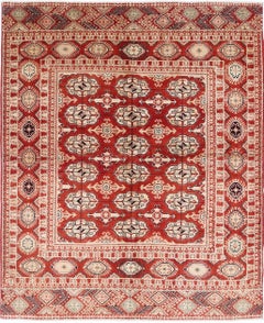 6.7x8.2 ft Handknotted Red, Ivory Wool Area Rug. Traditional Tribal Style Carpet