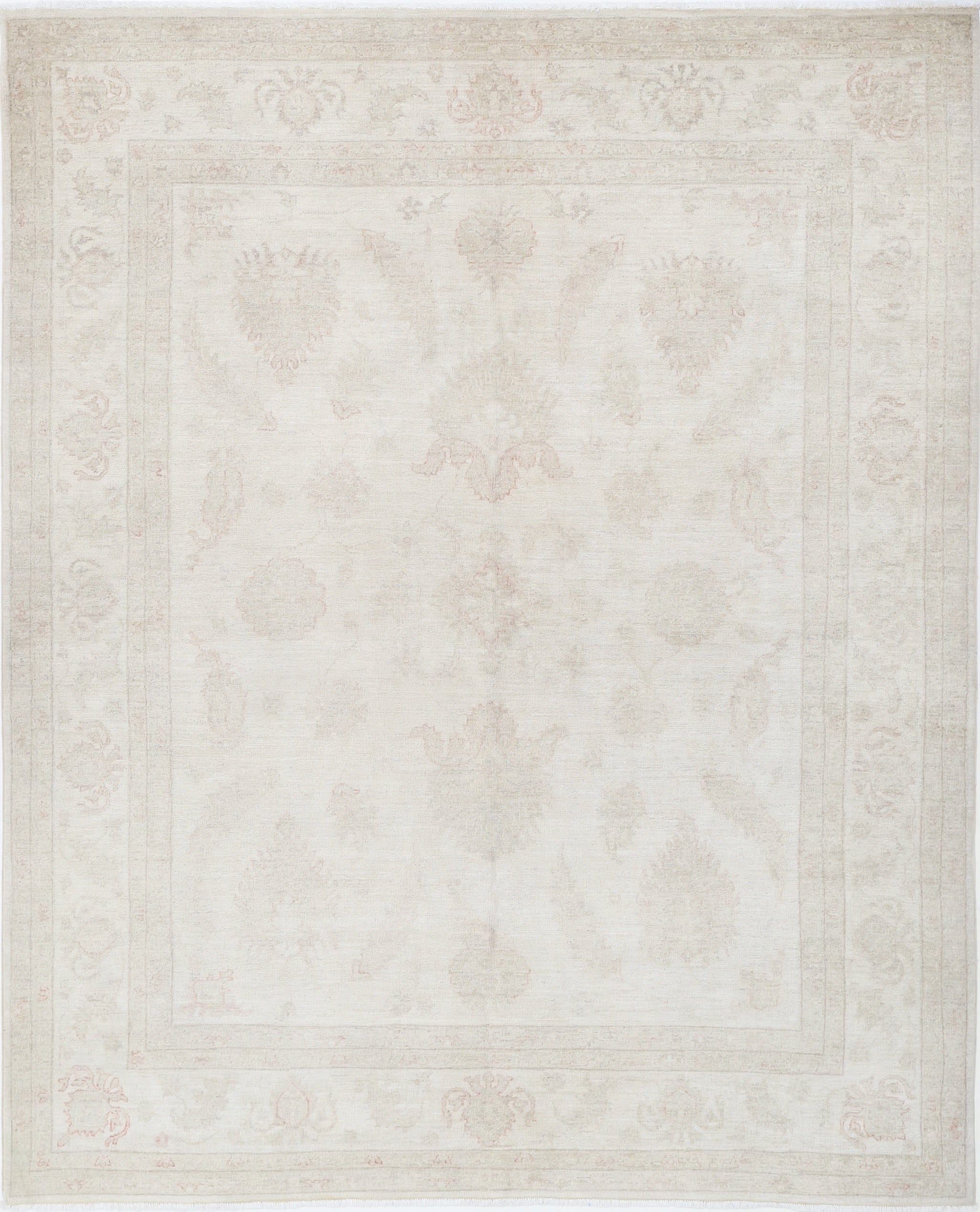 6.7x8.3 ft Hand Knotted Oushak Wool Rug. Beige Turkish Carpet with Floral Design