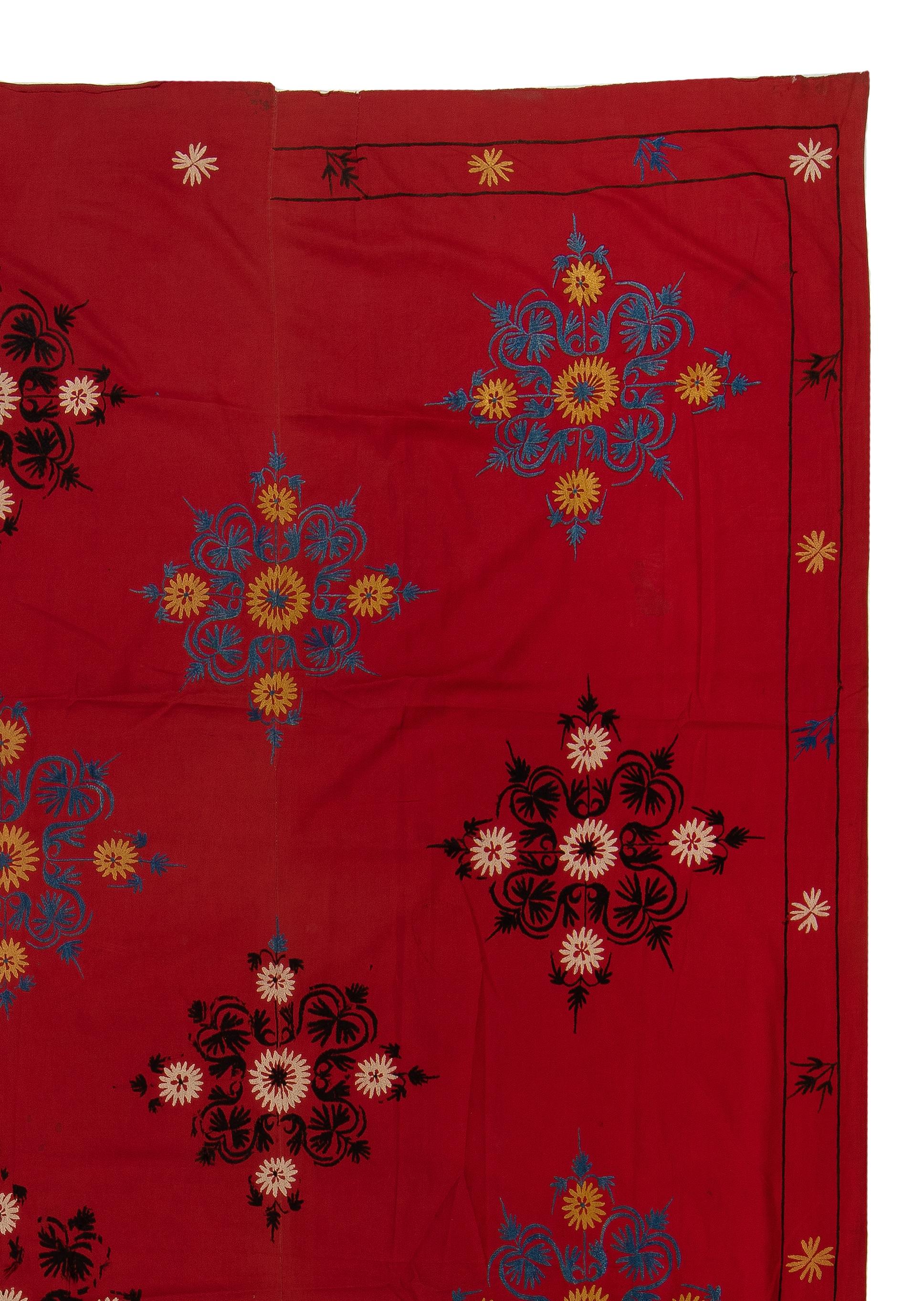 Uzbek 6.7x8.7 Ft Hand Embroidered Silk Wall Hanging, Red Bedspread, Suzani Tablecloth For Sale