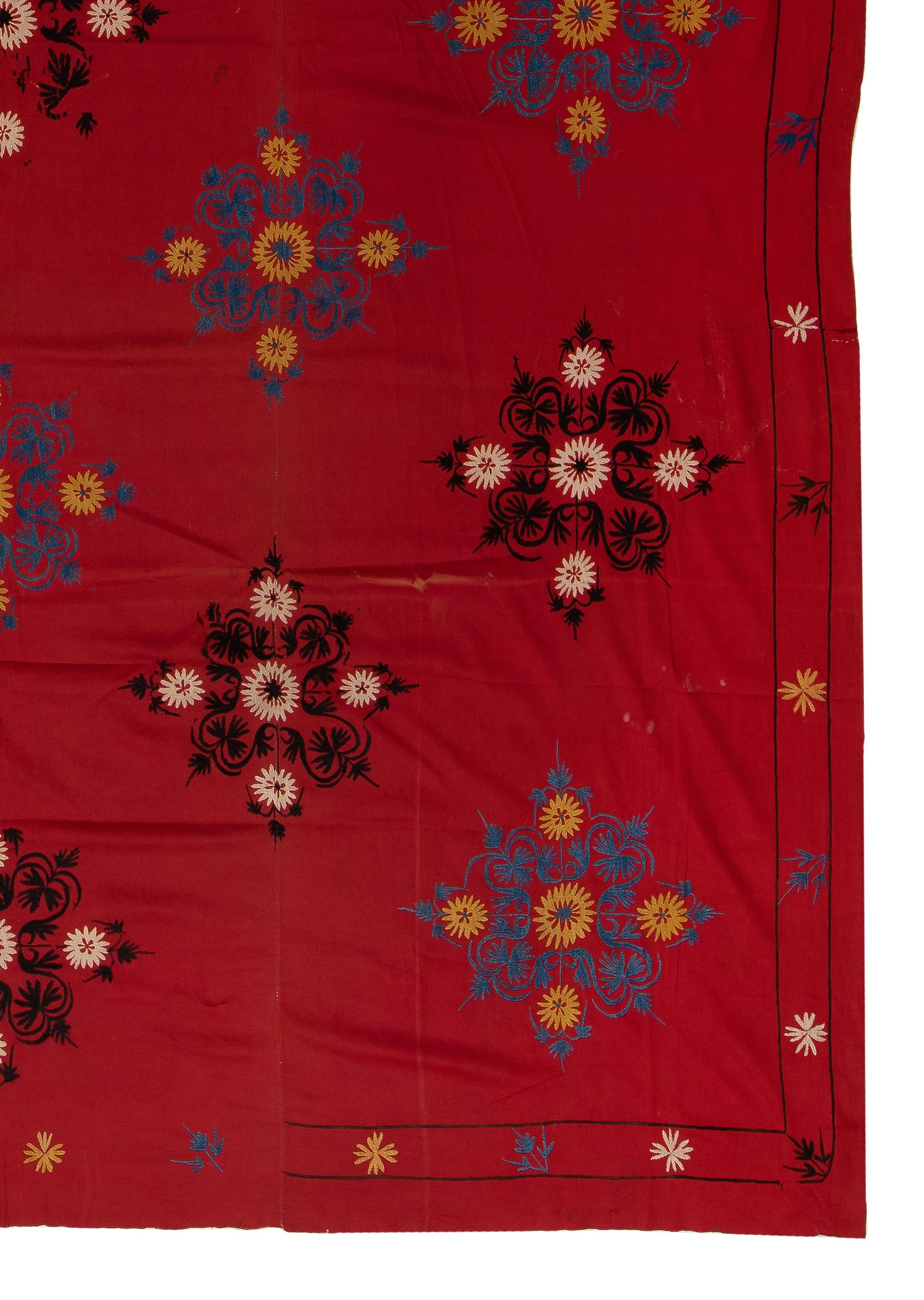 Cotton 6.7x8.7 Ft Hand Embroidered Silk Wall Hanging, Red Bedspread, Suzani Tablecloth For Sale