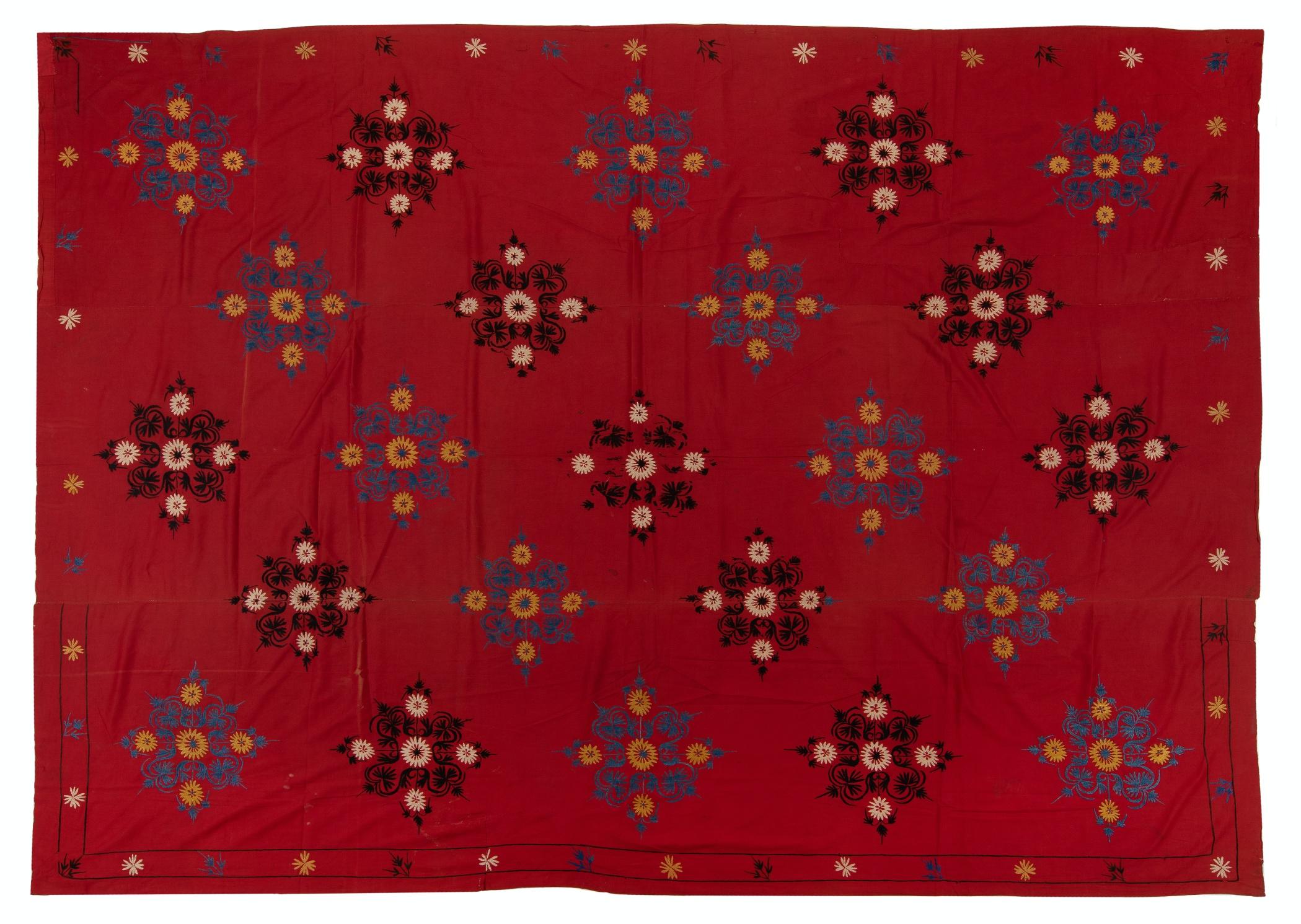 6.7x8.7 Ft Handbestickter Wandbehang aus Seide, roter Bettweide, Suzani-Tischteppich (Baumwolle) im Angebot