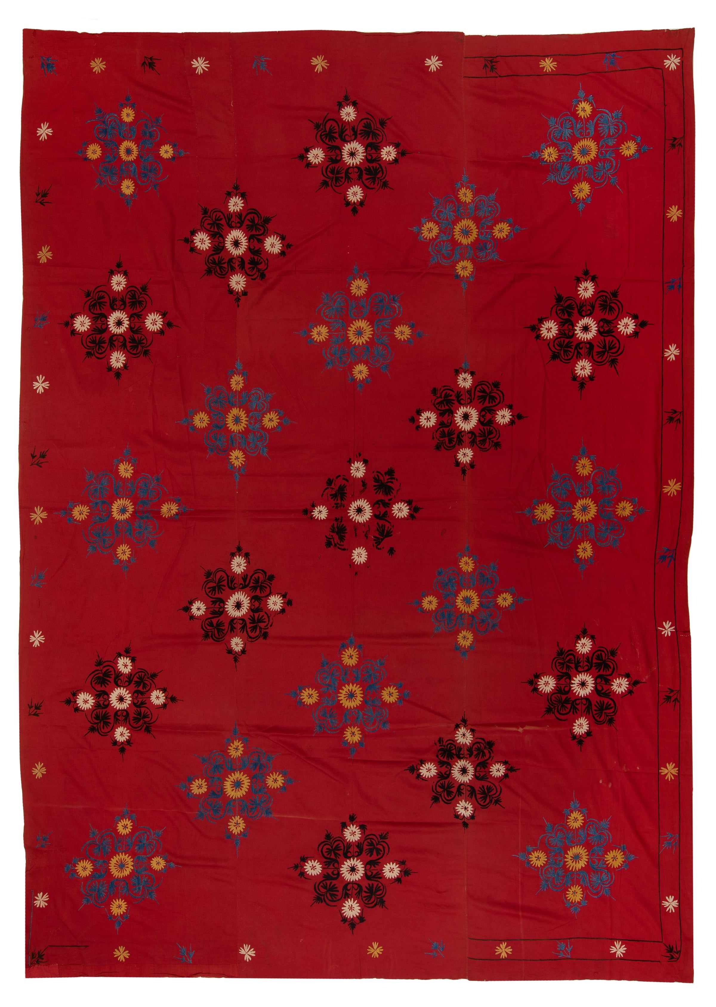 6.7x8.7 Ft Hand Embroidered Silk Wall Hanging, Red Bedspread, Suzani Tablecloth