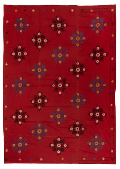 6.7x8.7 Ft Hand Embroidered Silk Wall Hanging, Red Bedspread, Suzani Tablecloth