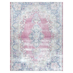 Tapis oriental vintage Farsian Kerman, 6'7" x 8'7", laine usée, noué à la main, rose