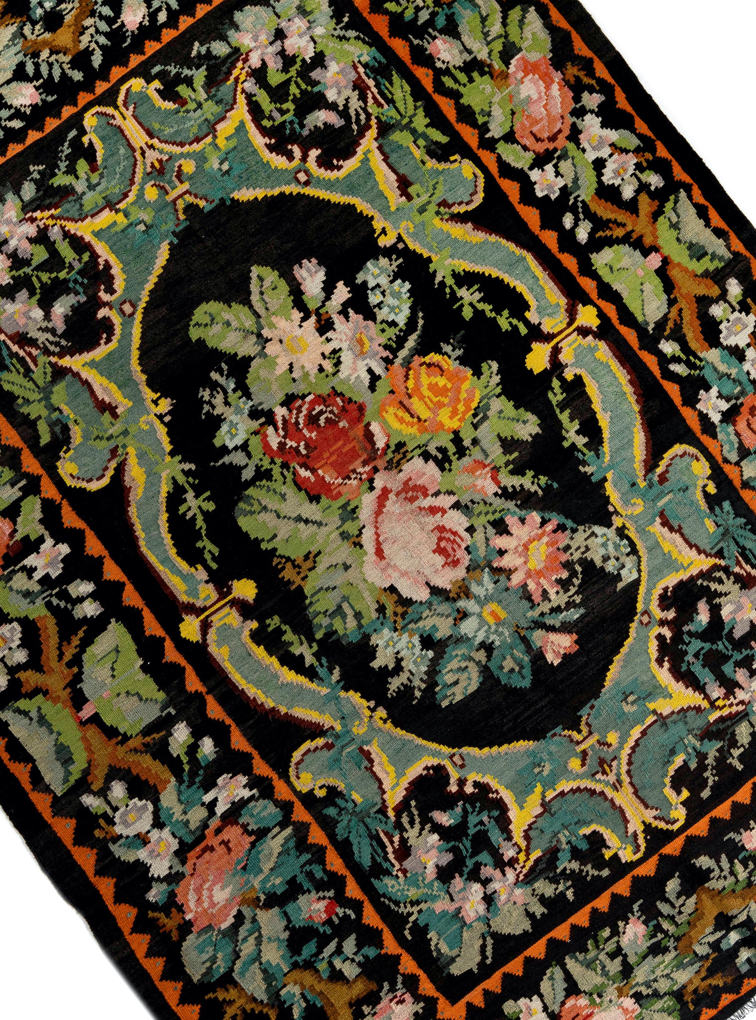 Bohemian 6.9x9 Ft Handmade Bessarabian Wool Kilim Rug, Vintage Floral Moldovan Tapestry