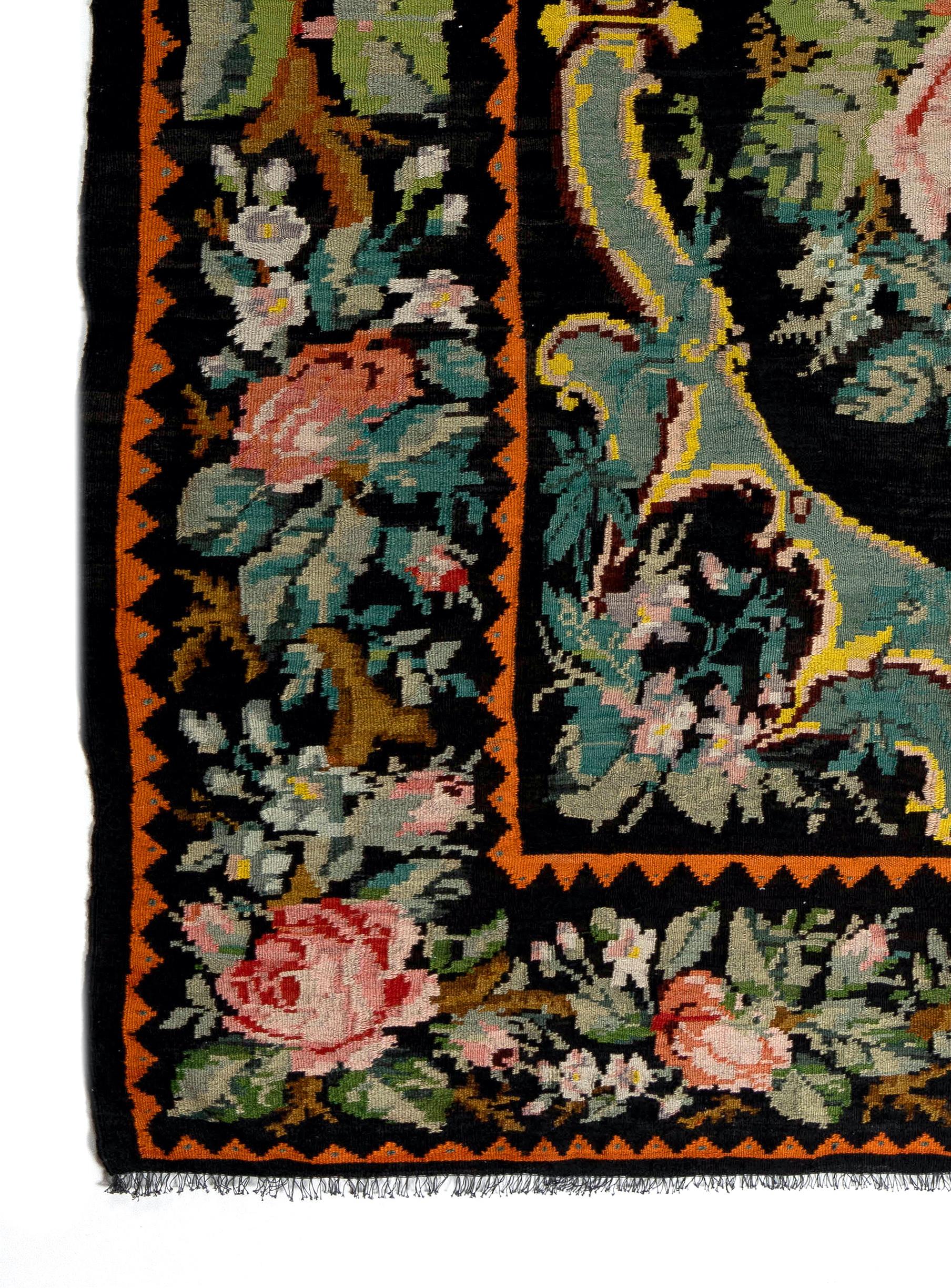 Hand-Woven 6.9x9 Ft Handmade Bessarabian Wool Kilim Rug, Vintage Floral Moldovan Tapestry