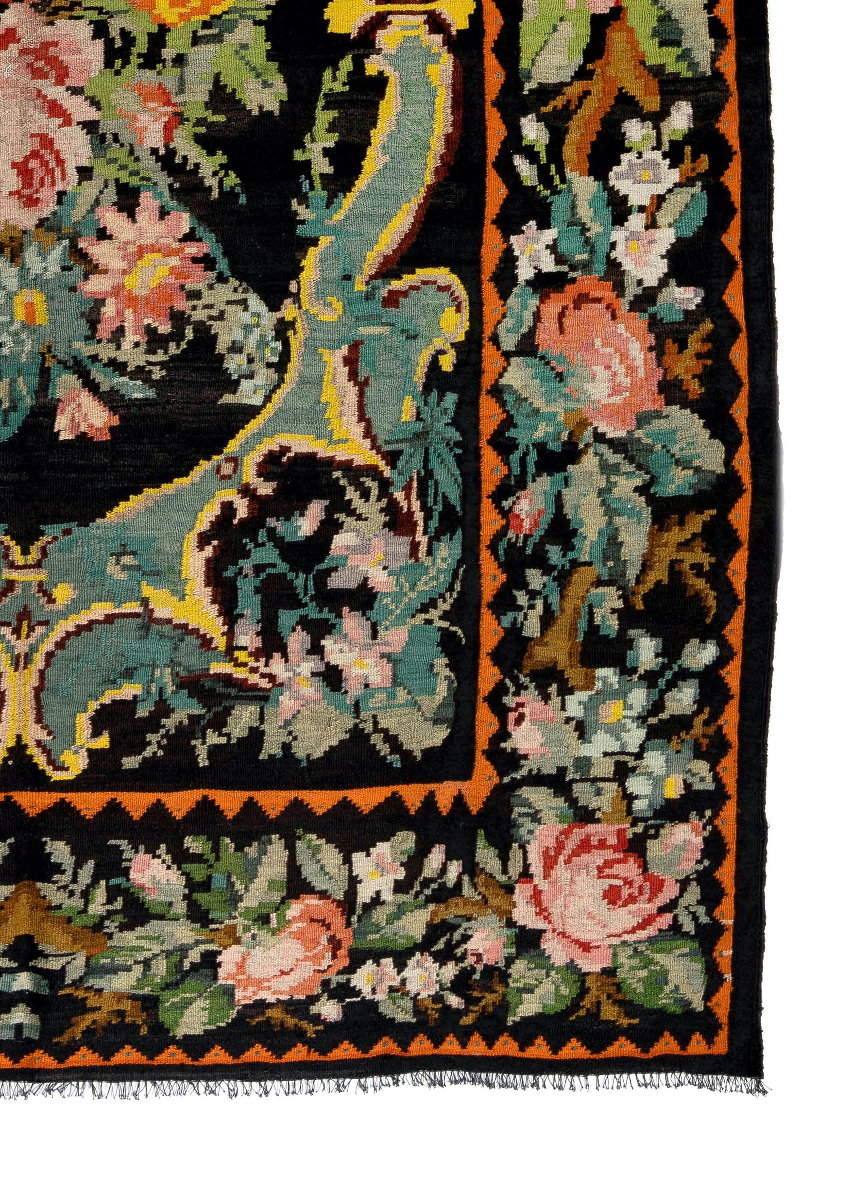 6.9x9 Ft Handmade Bessarabian Wool Kilim Rug, Vintage Floral Moldovan Tapestry In Good Condition In Philadelphia, PA