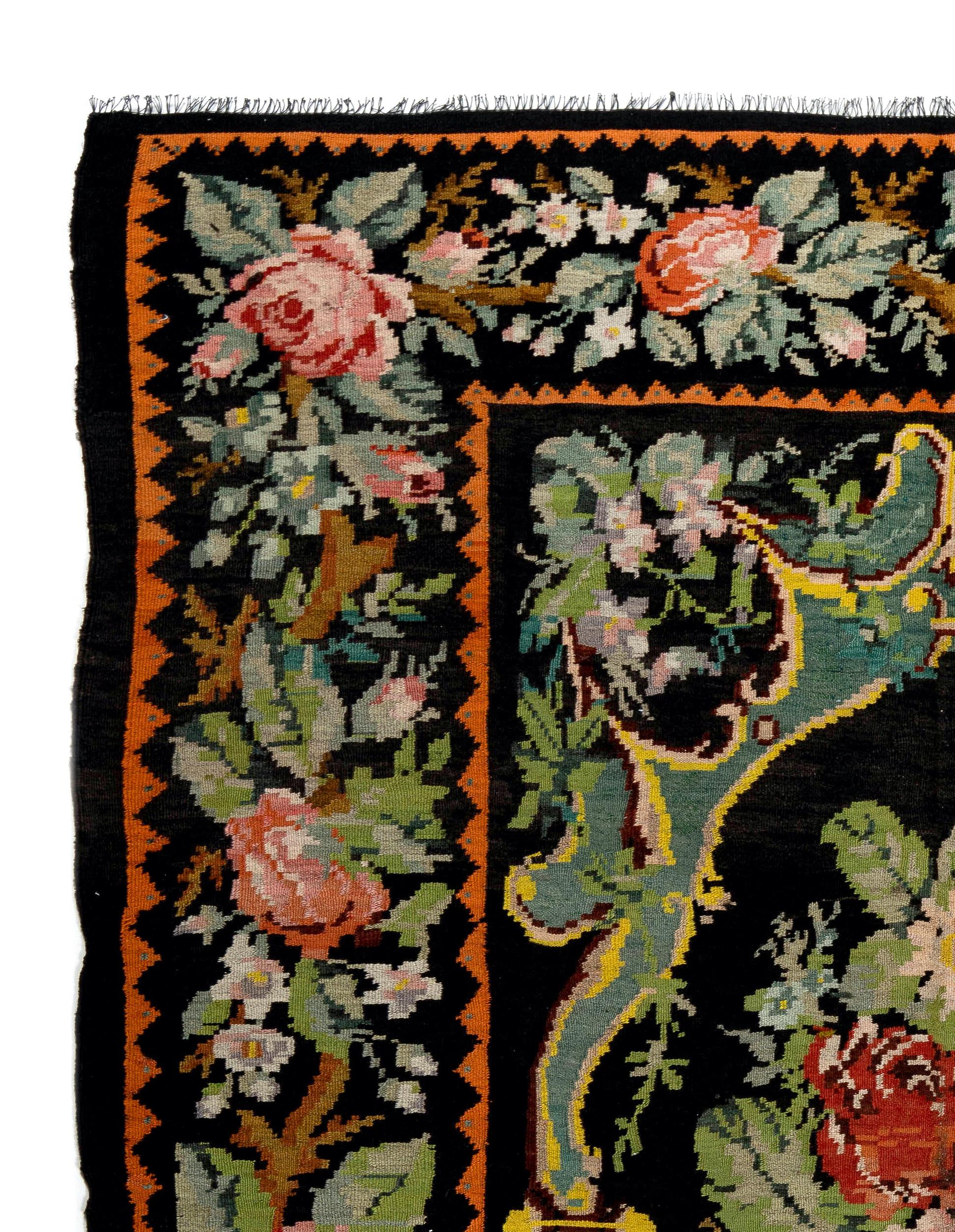 20th Century 6.9x9 Ft Handmade Bessarabian Wool Kilim Rug, Vintage Floral Moldovan Tapestry