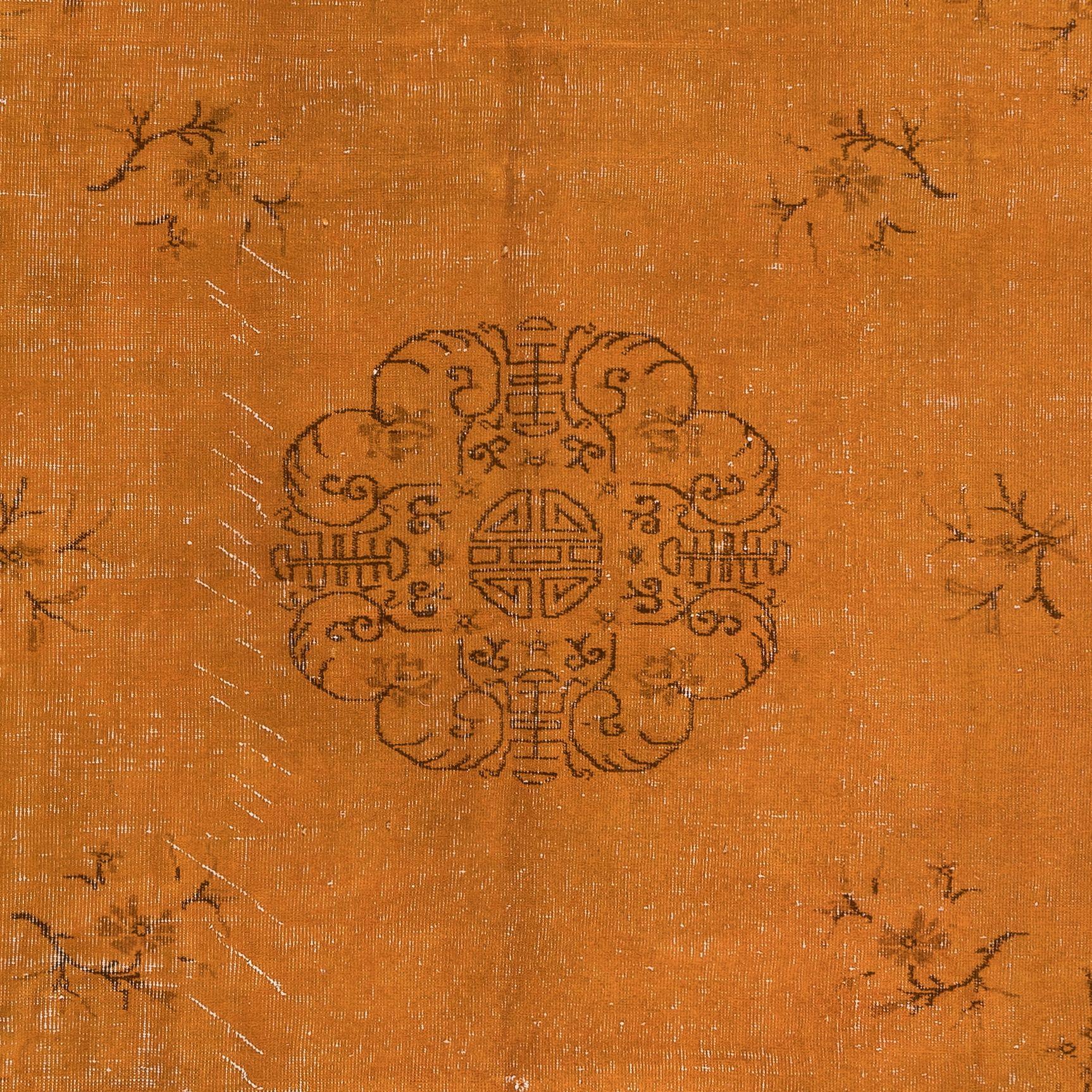 6.7x9 Ft Floral Art Deco Rug, Orange Handmade Modern Wool and Cotton Carpet (Art déco) im Angebot